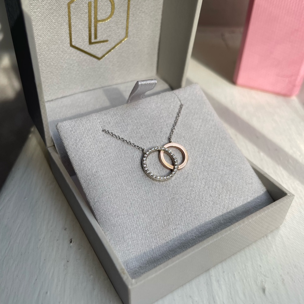 14k White and Rose Gold Diamond Circle in Circle Necklace